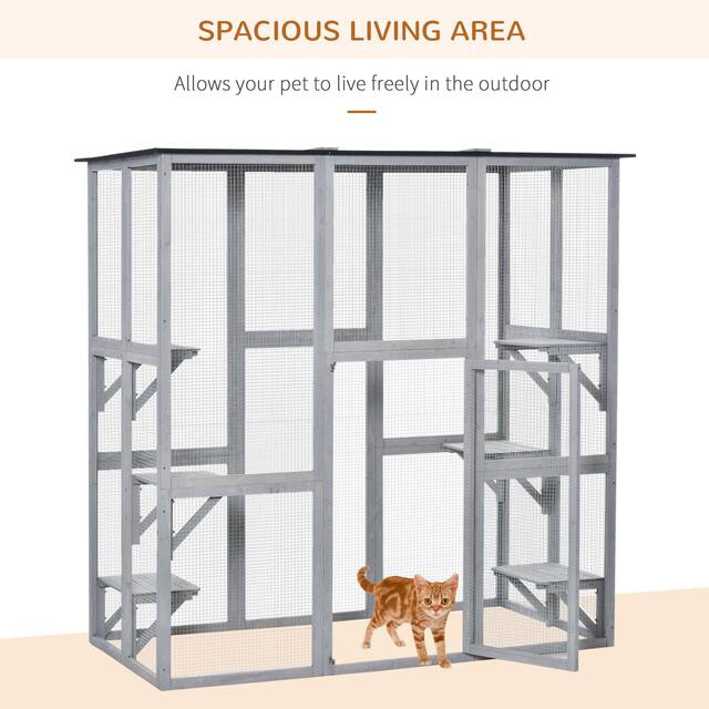 PawHut Large Wooden Outdoor Cat House Catio Enclosure, Kitten Cage with