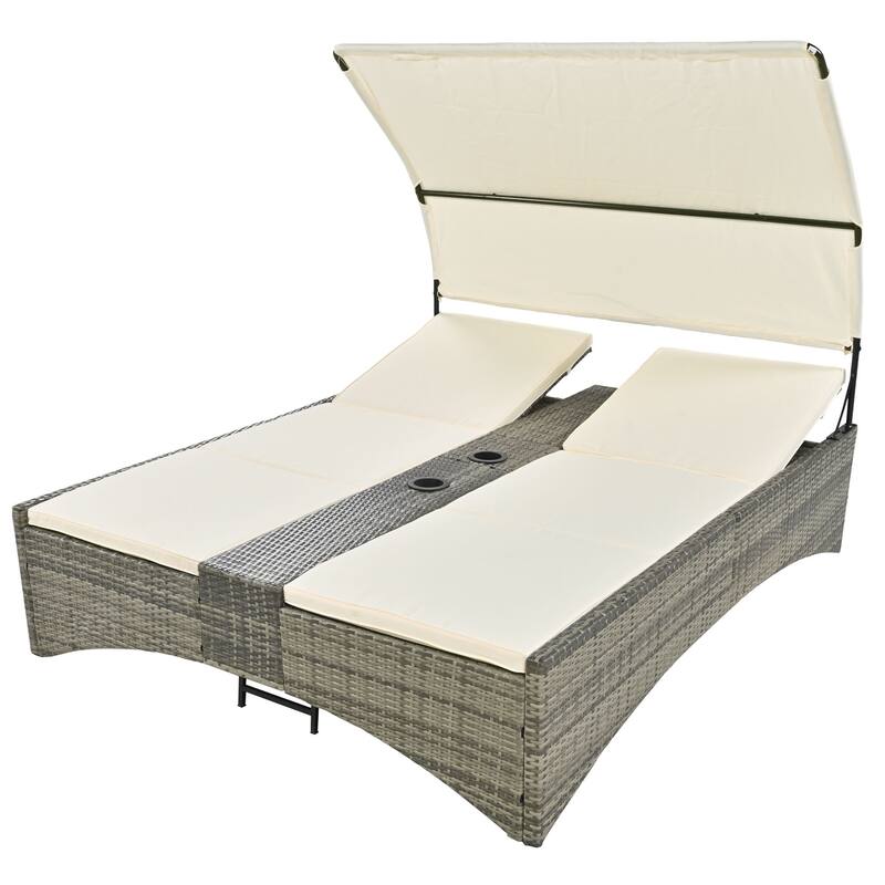 Outdoor Patio Rattan Daybed Sunbed with Canopy and Adjustable Backrest, Storage Box and 2 Cup Holders