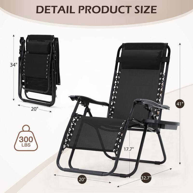 Zero Gravity Lounge Chair Set of 2 – Outdoor Folding Recliners with Cup Holder, Adjustable Headrest, Weather-Resistant Fabric