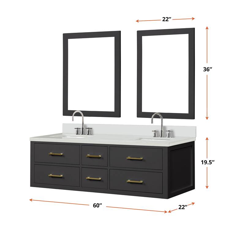 Castor 60 in W x 22 in D Black Double Bath Vanity, White Quartz Top, Faucet Set, and 28 in Mirrors