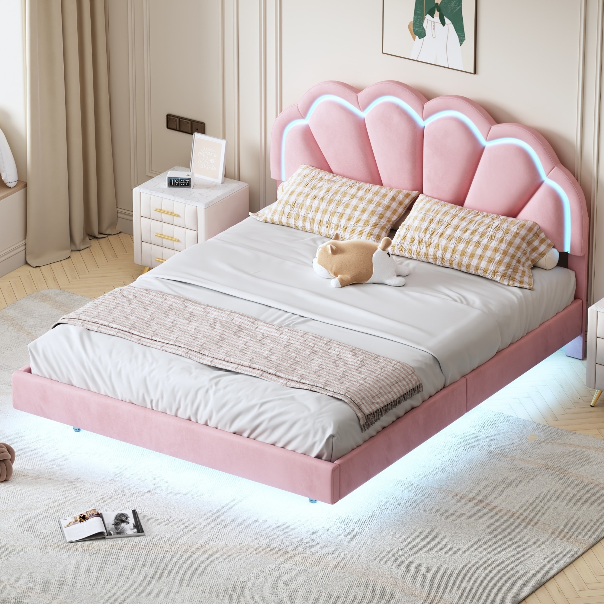 Pink queen size bed outlet frame and headboard