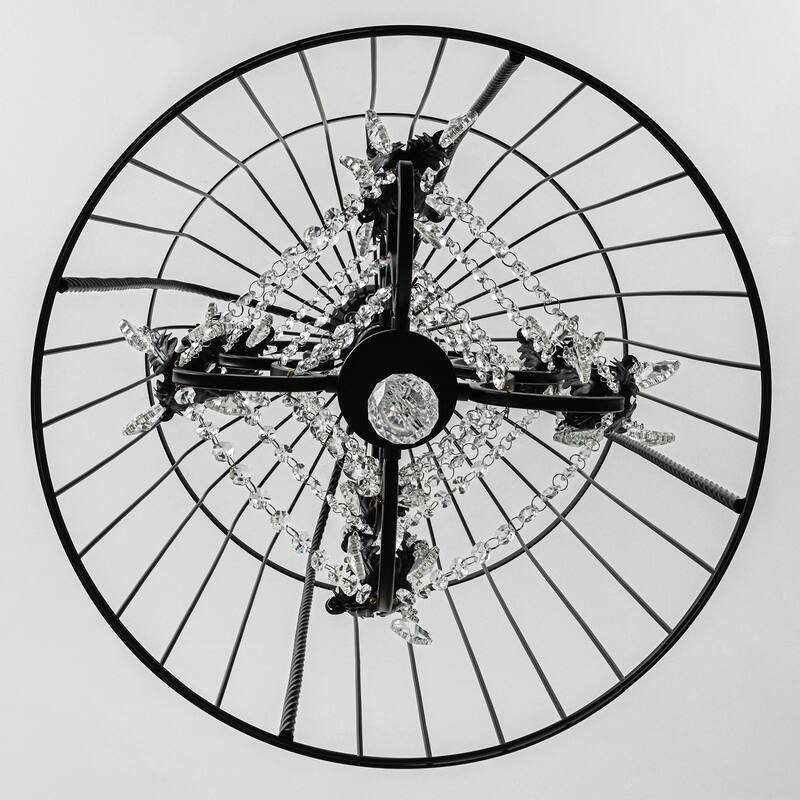 Vintage Industrial Birdcage Crystal Chandelier with Black Metal Cage and Crystal Accents - W17.72"