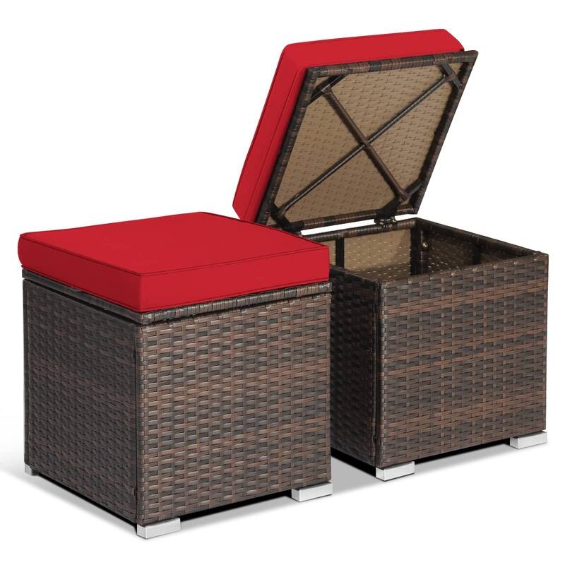 2-Pieces Patio Ottoman Set Outdoor Wicker Stool with Storage - Brick Red
