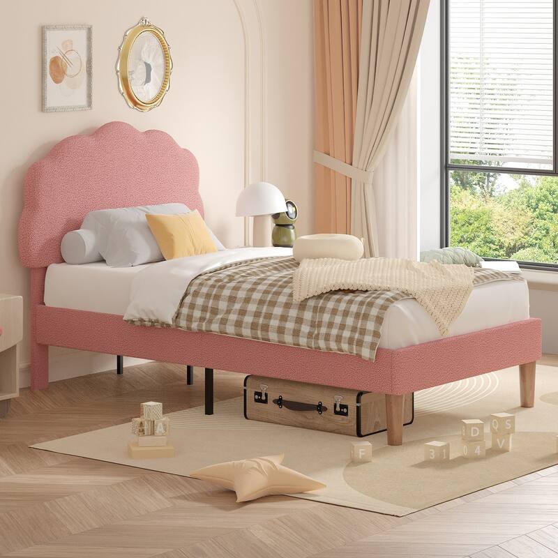 Twin Size Bed Frames with Adjustable Teddy Fleece Headboard, Upholstered Platform Bed w/Slats Support