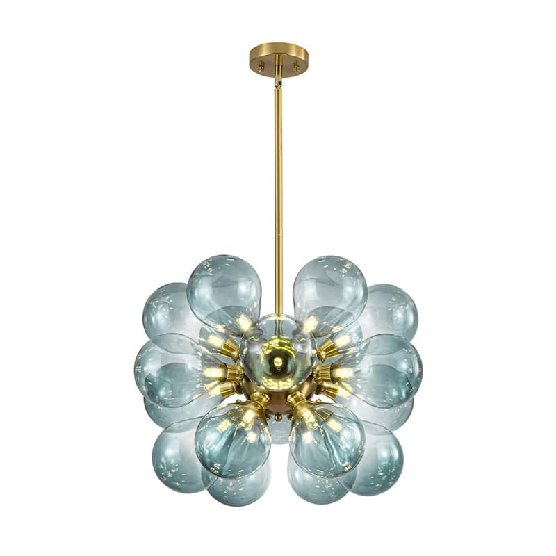 18-Light Cluster Blue Glass Bubble Chandelier - 25in Wide Gold