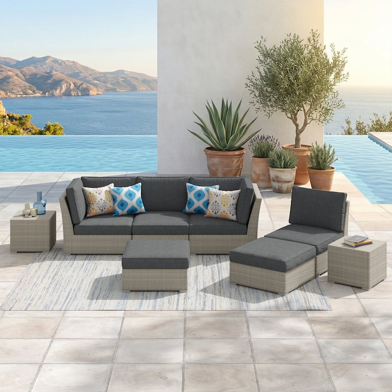 Corvus Looe 8-Piece Outdoor Sectional Set with Deep Seating, Aluminum Wicker Conversation Sofa with Ottomans