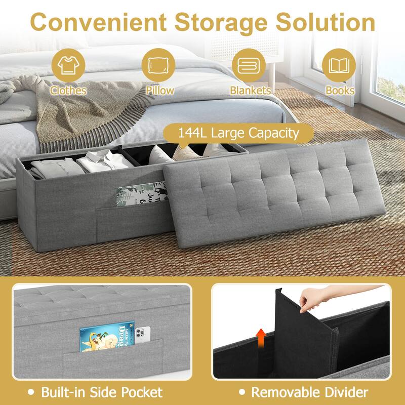 Gymax 43'' Folding Storage Ottoman Bench w/ Removable Divider & Side