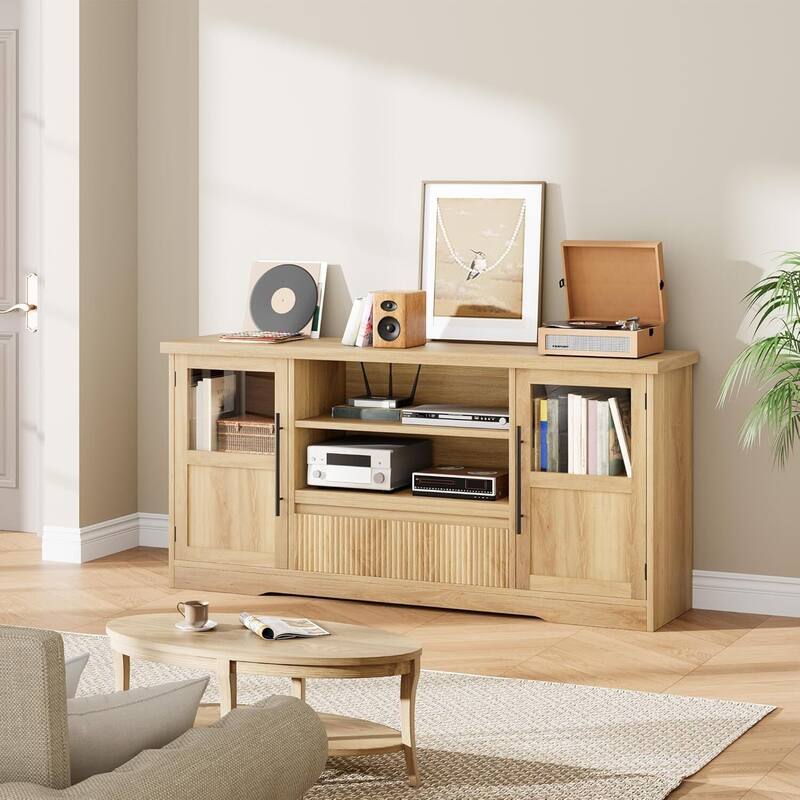 Retro TV Stand for 75 Inch TV Media Console with 2 Glass Cabinets & Open Shelves - N/A