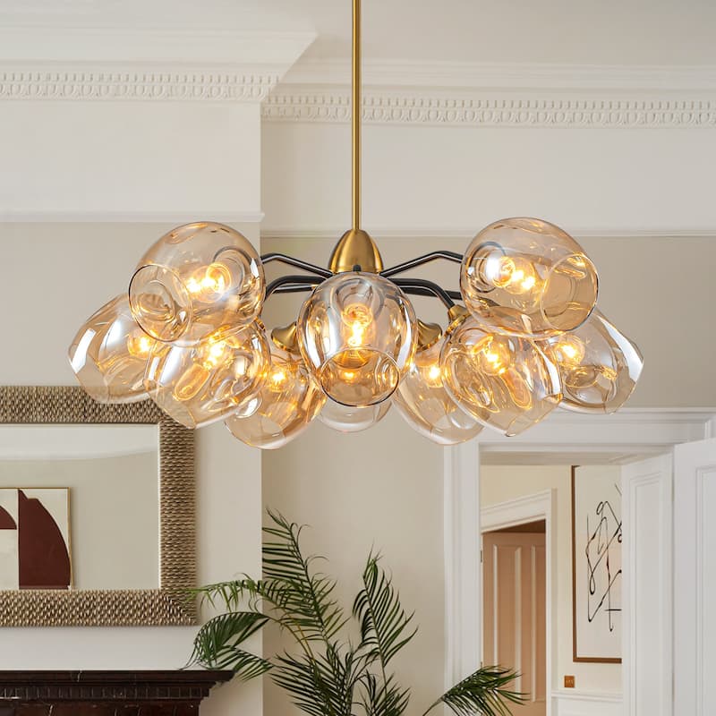 Modern Glam 10-Light Cluster Amber Glass Chandelier - Brass