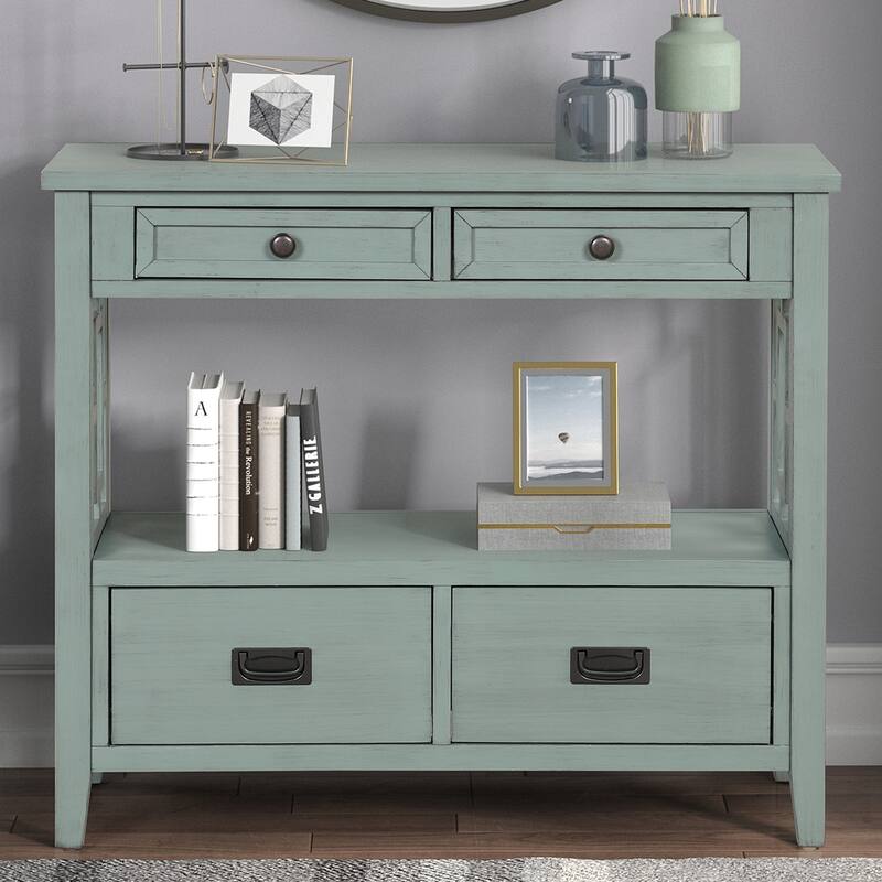 36'' Pine Entryway Table Console Table with 4 Drawers & Open Shelf, Farmhouse Side Table Sofa Table for Entryway Living Room