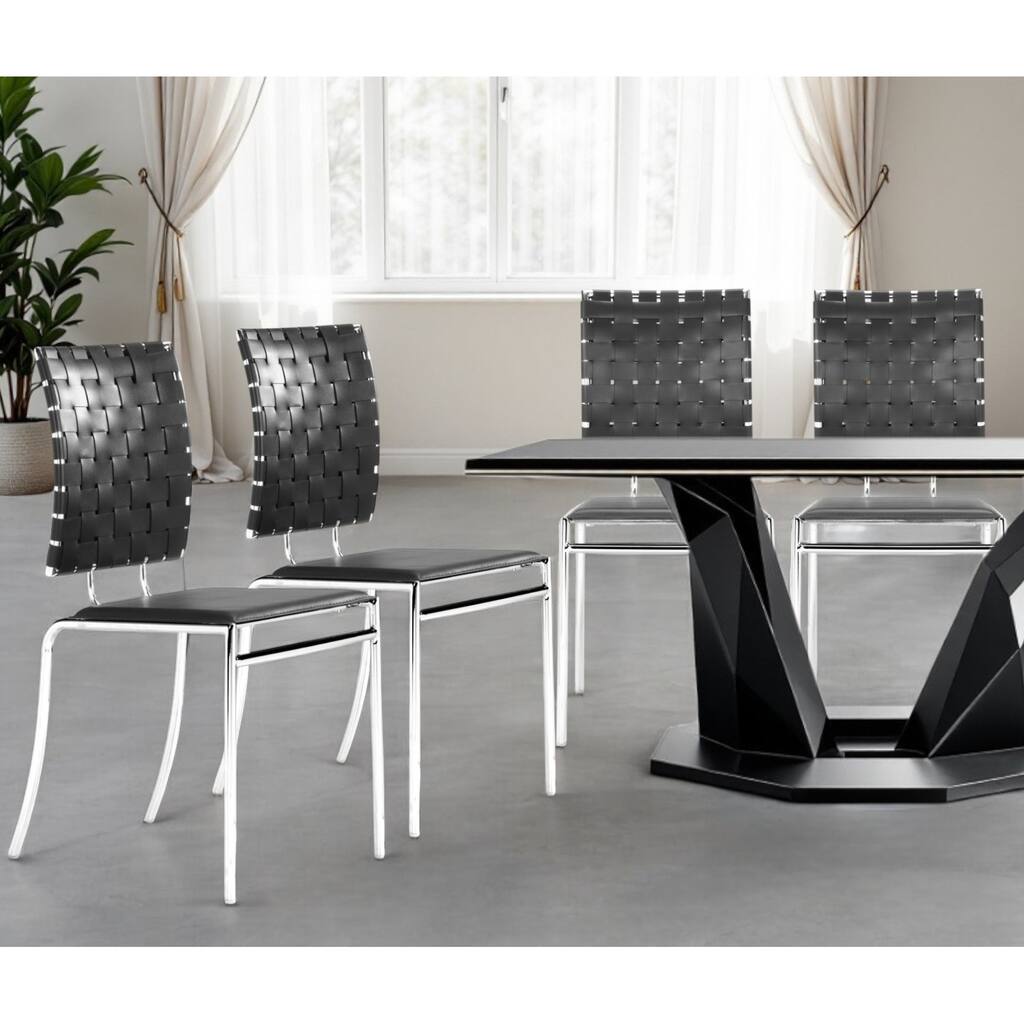 HomeRoots Set of Four Black And Silver Upholstered Faux Leather Open Back Dining Side Chairs