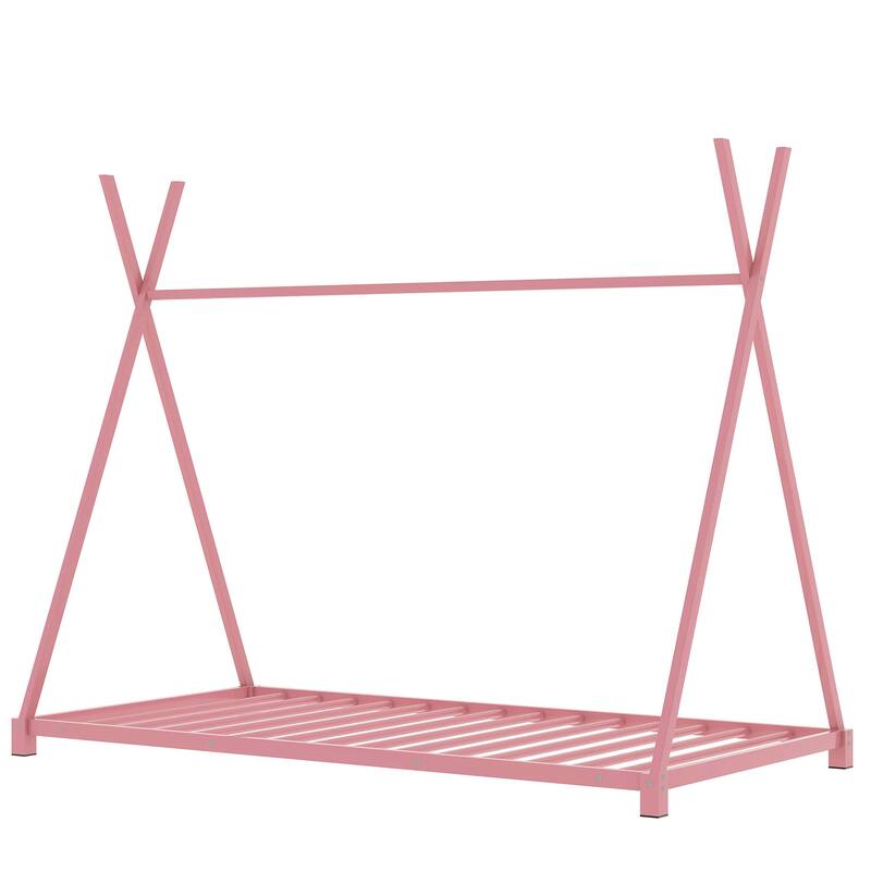 Pink Twin Size Metal House Platform Bed with Triangle Structure for Bedroom