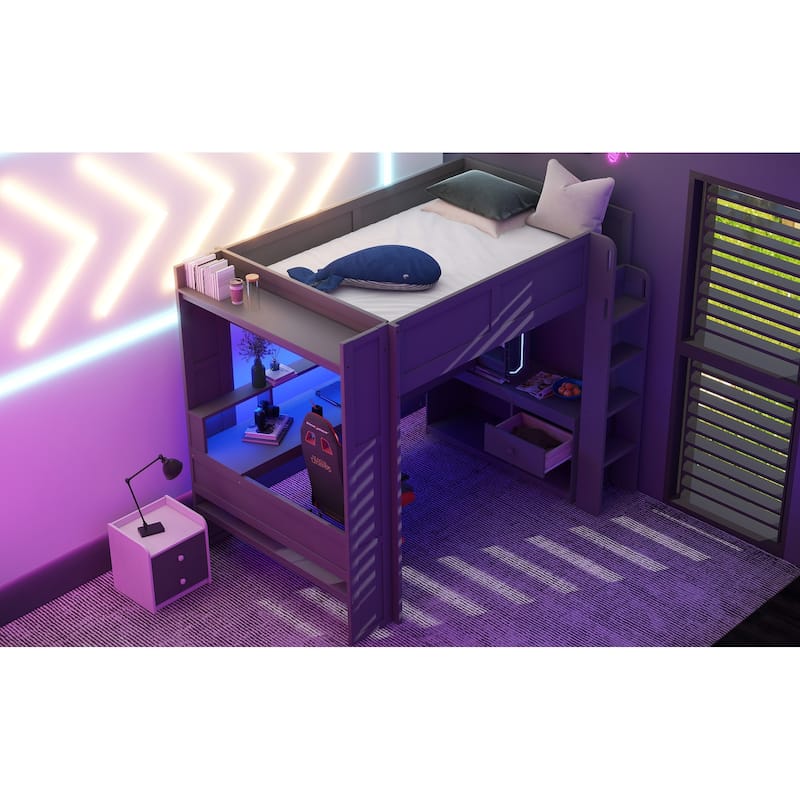 Full Size Gaming Loft Bed with Built-in Desk, LED Lights, Charging Station & Storage Shelves, Dark Gray