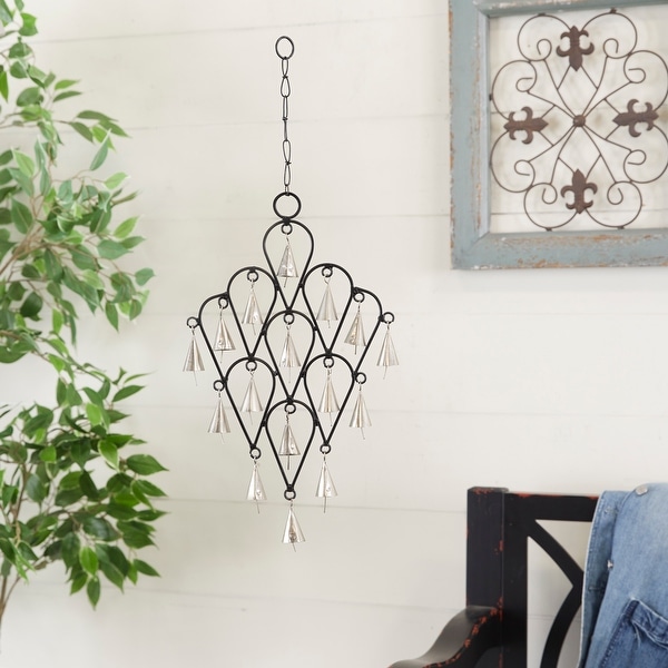 Black Metal Teardrop Windchime with Bells and Chain Ring Hanger