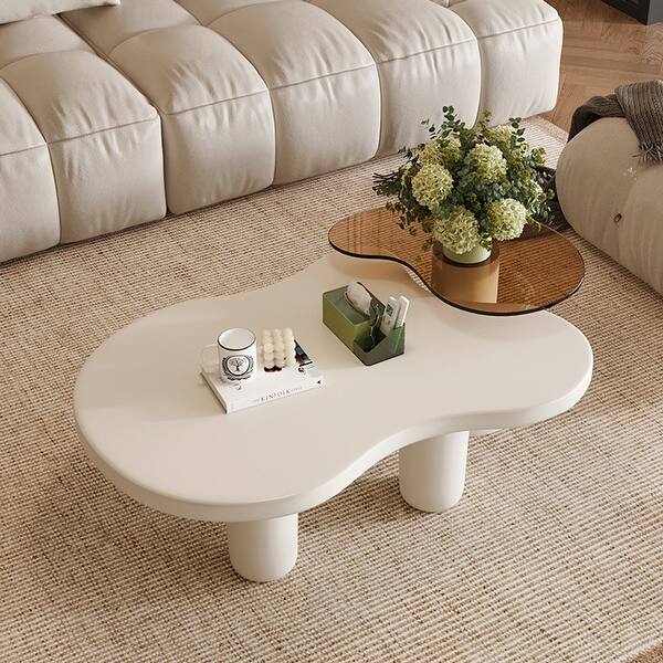 Modern Nesting Coffee Tables Set of 2, 2 in 1 Irregular Coffee Table with Glass Top End Table for Living Room Easy to Assemble