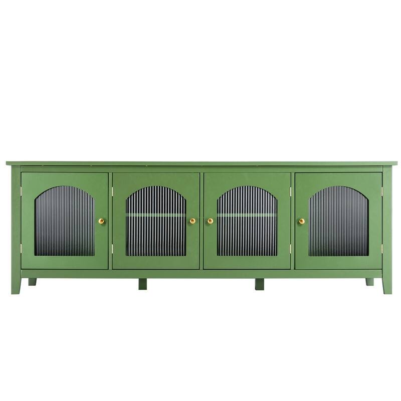 Vintage French Green TV Cabinet, Artist Home Sideboard Buffet with Glass Doors and Shelves, Accent Coffee Bar Storage Cabinet