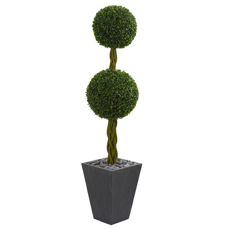 5ft Double Ball Boxwood Topiary Artificial Tree in Slate Planter with UV Resistant Greenery for Indoor or Outdoor Use