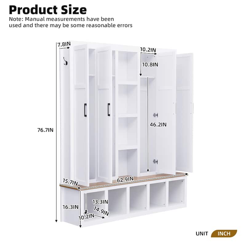 Farmhouse Hall Tree with Bench & 6 Hooks, 62.9"W Shoe Storage, Entryway Organizer for Mudroom, Living Room