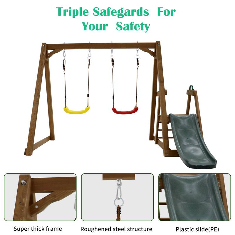 Wood Swing Set for Backyard, 2 in 1 Outdoor Swing Set with Slide, Climbing Rope Ladder Kids Backyard Playset