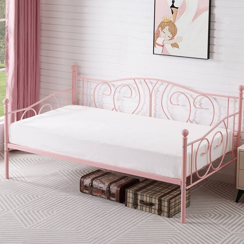 VECELO Metal Twin Size Daybed with Roman Column Legs Scroll Design Heavy Duty 350 lbs Capacity Sofa Bed for Living Room