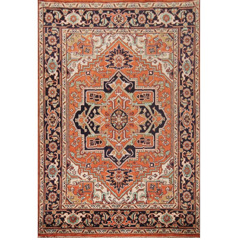 Orange Geometric Heriz Serapi Indian Area Rug Hand-Knotted Wool Carpet - 8'0"x 10'1"