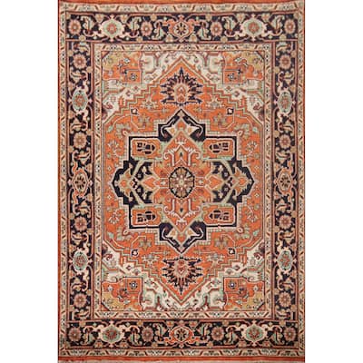 Orange Geometric Heriz Serapi Indian Area Rug Hand-Knotted Wool Carpet - 8'0"x 10'1"
