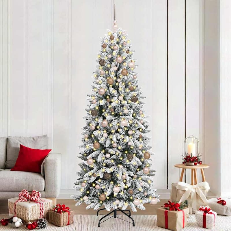 vidaXL Artificial Christmas Tree with 150/300 LEDs White - White with LEDs and rose gold balls - 7 Foot