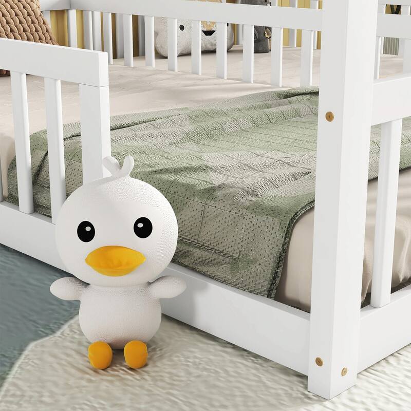 Double Twin House-Style Floor Bed with Fence and Guardrails, No Door