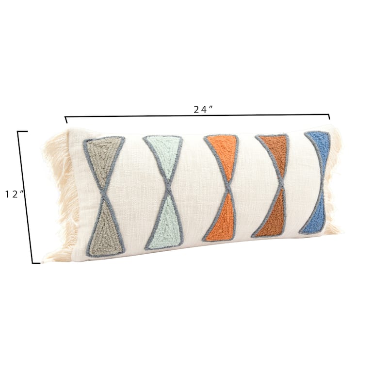 Cotton Lumbar Pillow with Embroidery and Fringe