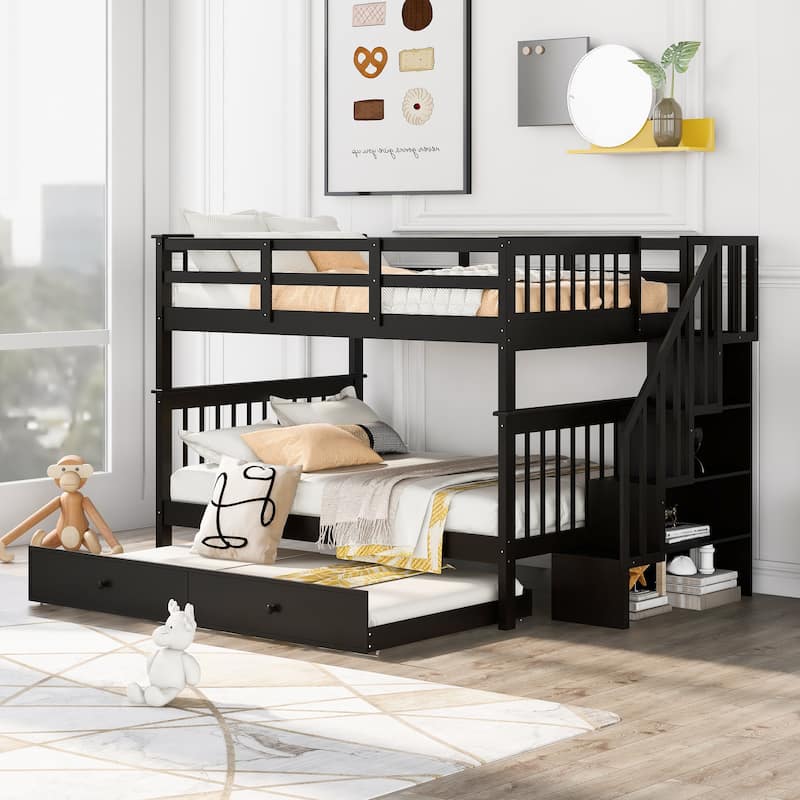 Full-Over-Full Bunk Bed with Twin Trundle, Storage, and Guard Rail in Espresso Finish - Espresso