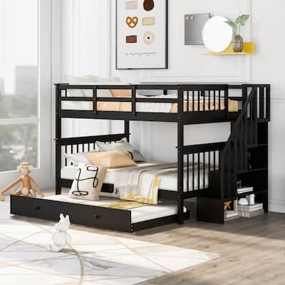 Stairway Bunk Bed with Twin size Trundle, Storage and Guard Rail