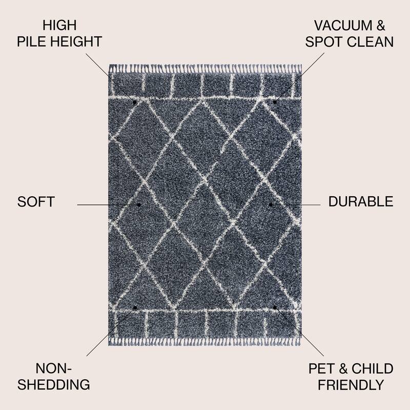 JONATHAN Y Modern Shag Plush Tassel Moroccan Geometric Trellis Area Rug - 4 X 6 - Denim Blue/Cream