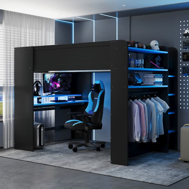 Next-Gen Gamer's Full Size Loft Bed with Adjustable Desk, RGB Lighting, Charging Ports and Storage Space - Blue