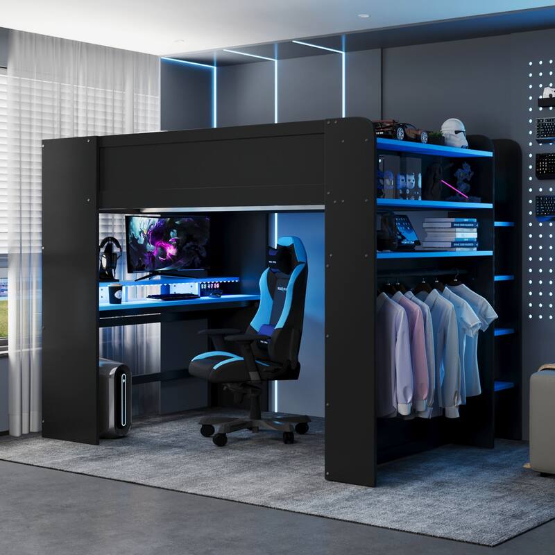 Roomfitters Full Size Loft Bed with Adjustable Desk, Wardrobe Storage, and RGB Lighting