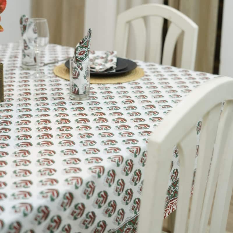Fabdivine Handmade Block Print Cotton Table Cover Farmhouse Dining Kitchen Decor Gift - 72"X140" - Chui Mui- Dark Brown, Green