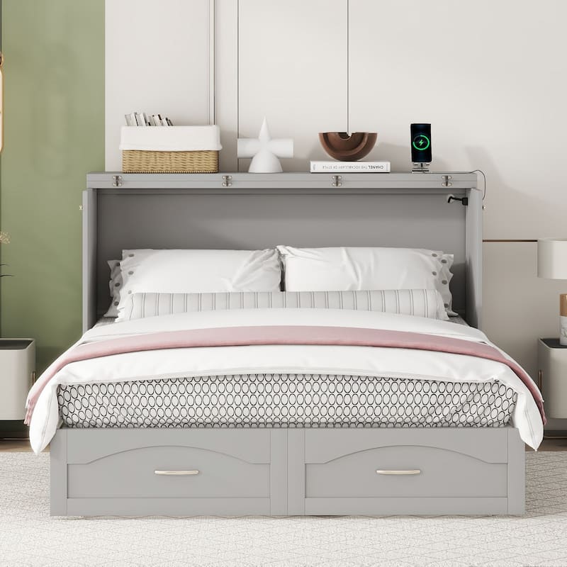 Queen Size Murphy Bed Wall Bed with drawer and a set of Sockets & USB Ports