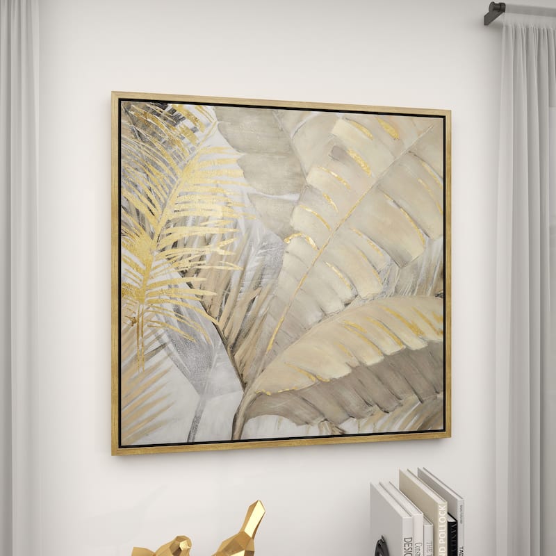 Canvas Leaf Palm Living Room Framed Wall Art with Gold Frame - Brown - CosmoLiving by Cosmopolitan