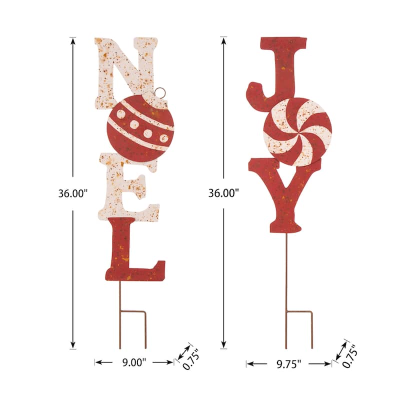 Glitzhome 36"H Christmas Rusty Metal JOY & NOEL Sign Yard Stakes Garden Decor (Two Functions)