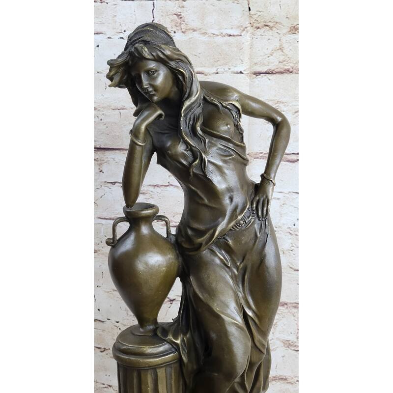Signed Beautiful Maiden Ponders Leaning Against Vase Bronze Figurine Sculpture