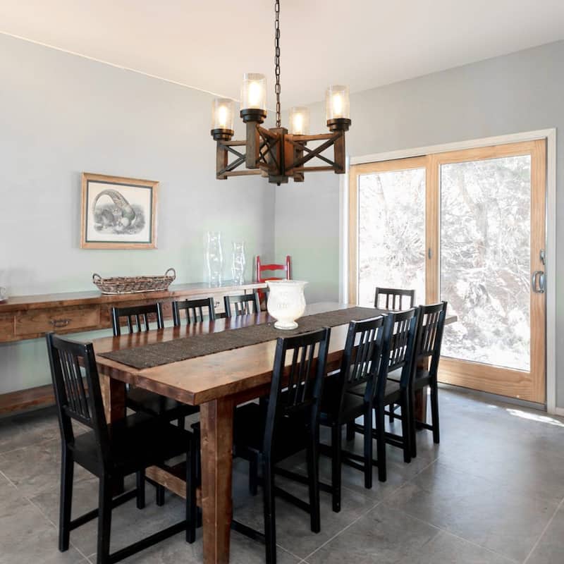 Anmytek Modern Farmhouse 4-Light Wood Wagon Wheel Chandelier Glass Pendant Lights for Dining Room - 22.8" D x 14" H