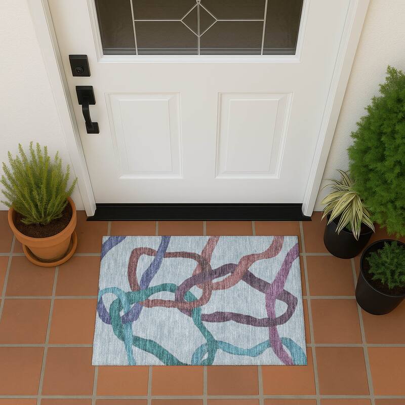 Machine Washable Indoor/ Outdoor Abstract Links Chantille Rug - Teal - 1'8" x 2'6"