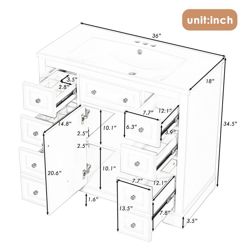 Modern 36" Freestanding Bathroom Vanity with Sink, Cabinet, Drawers & Adjustable Shelf