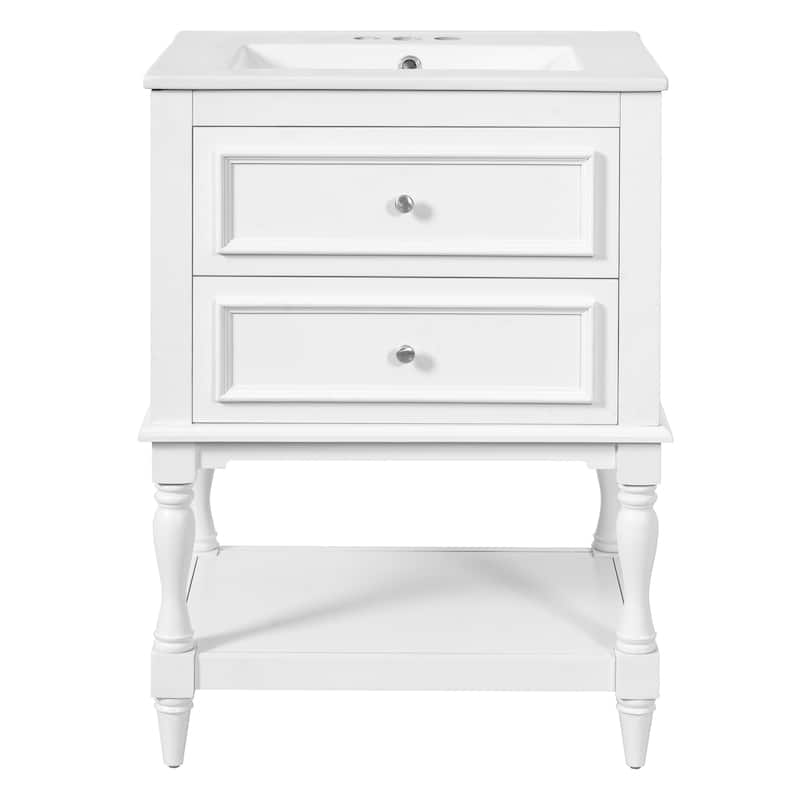24" Bathroom Vanity with Ceramic Sink, Bathroom Storage Cabinet with Open Shelf, Retro Design Bathroom Cabinet with 2 Drawers