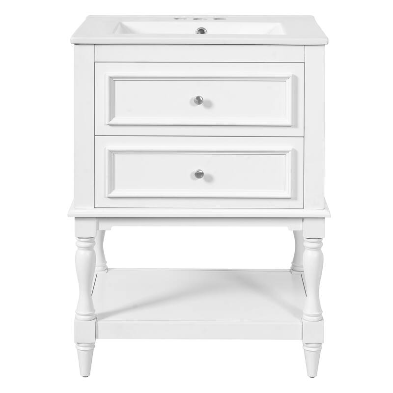 24" Retro Bathroom Vanity with Ceramic Sink & 2 Drawers - Solid Wood Storage Cabinet with Open Shelf