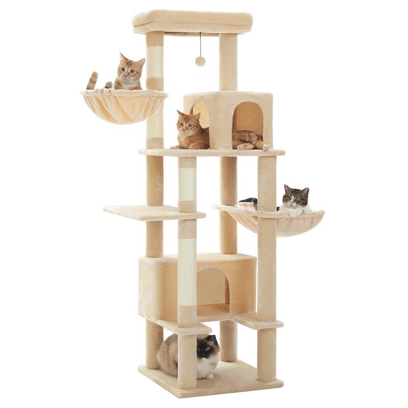 66" Cat Tree, Cat Tower with Sisal-Covered Scratching Post, Super Large Metal Hammock and 2 Big Condos