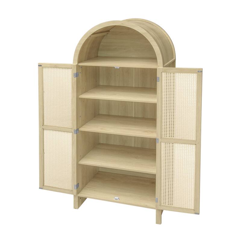 Wooden Arched Kitchen Pantry Cabinet, Storage Cabinet with 2 Rattan Doors, Freestanding Cupboard with 2 Adjustable Shelves