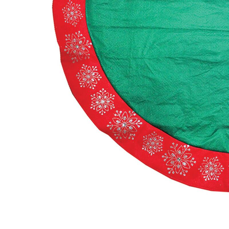 48" Green Christmas Tree Skirt Red Gemstone Glitter Snowflake Trim