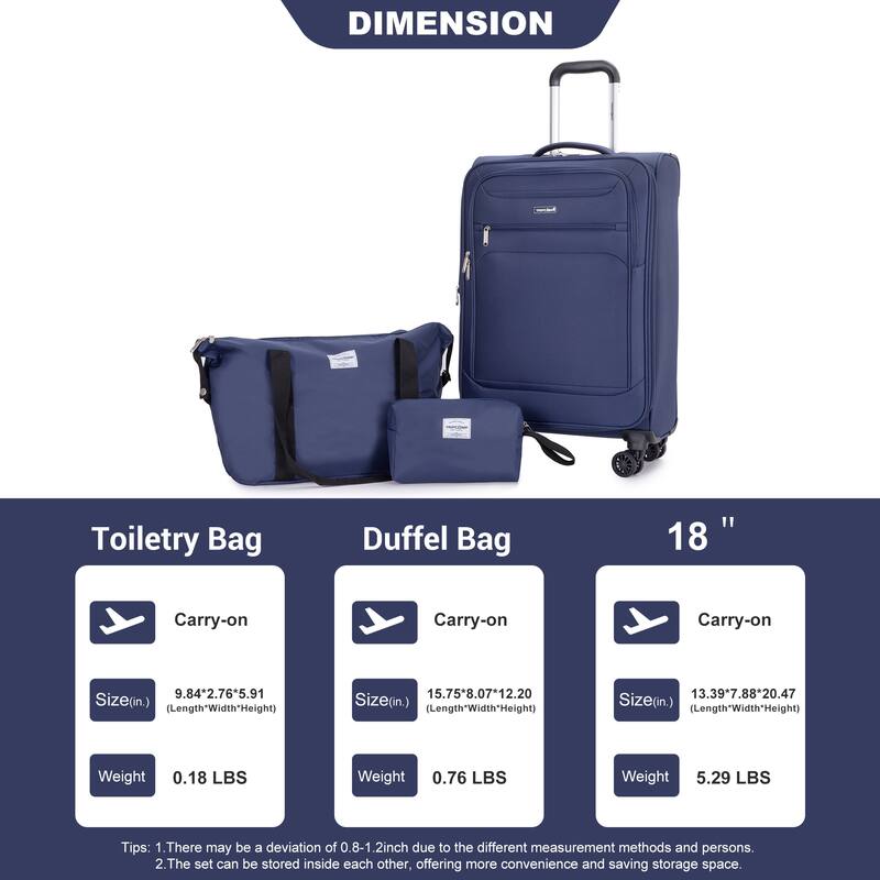 Durable 3-Piece Polyester Luggage Set (18" Carry-On, Travel Bag, Toiletry Bag) with 360° Spinner Wheels