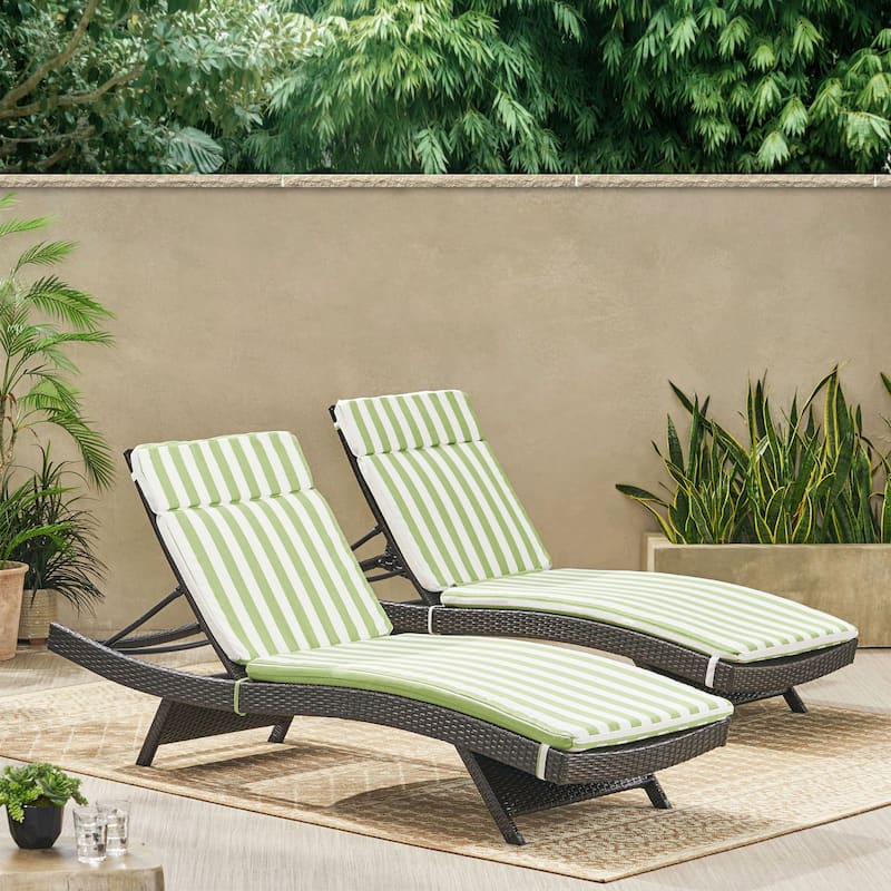 Salem Outdoor Wicker Lounge with Water Resistant Cushion (Set of 2) by Christopher Knight Home - Multibrown + Green/ White Stripe