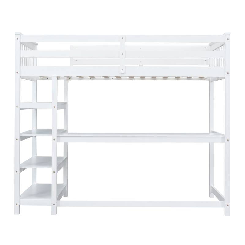 Twin Size Loft Bed with Storage Shelves and Under-bed Desk in White